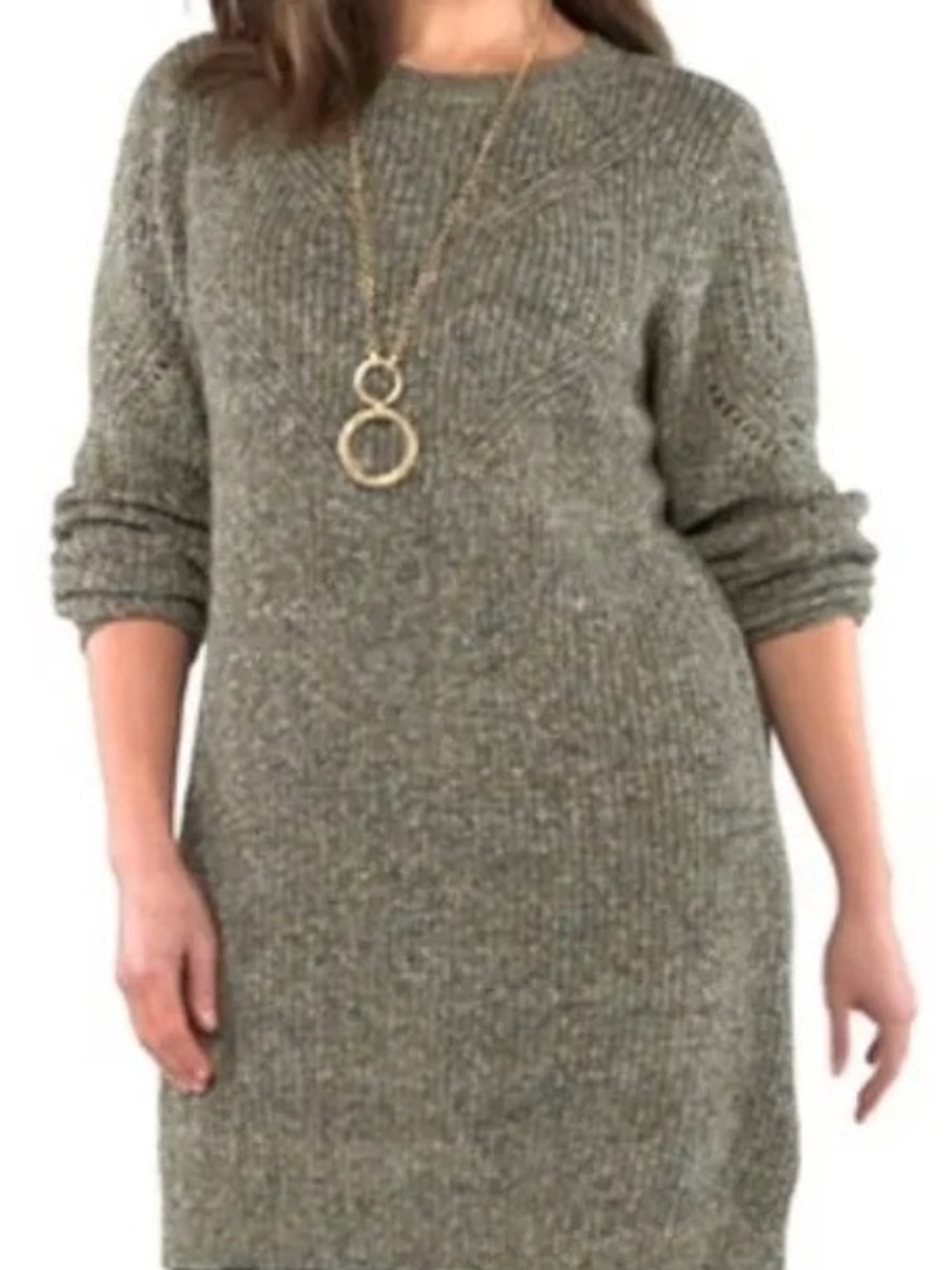 CAbi Olive and Grey Knit Long-Sleeve Sweater Dress